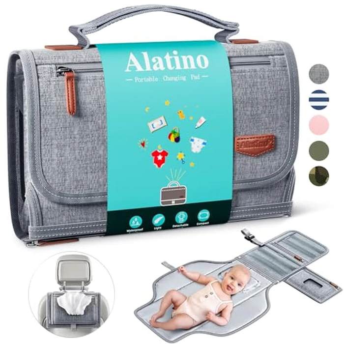 Alatino Portable Diaper Changing Pad for Baby, Detachable Travel Changing Pad with Baby Wipes Pocket, Gifts for Baby Shower, Newborn Girls and Boys (Grey) by Alatino - Image 1