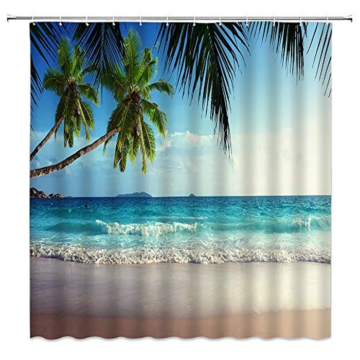AMFD Beach Seascape Shower Curtain Ocean Tropical Plam Tree Coastal Seaside Island View Fabric Bathroom Decor Set Include Hooks,(70" WX70 H) by AMFD - Used - Like New condition - CA$17.95