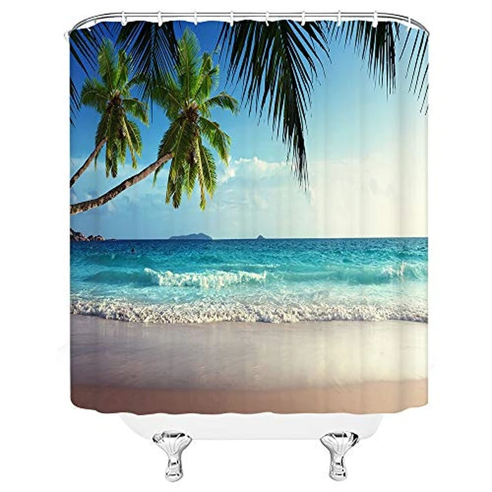 AMFD Beach Seascape Shower Curtain Ocean Tropical Plam Tree Coastal Seaside Island View Fabric Bathroom Decor Set Include Hooks,(70" WX70 H) by AMFD - Image 3