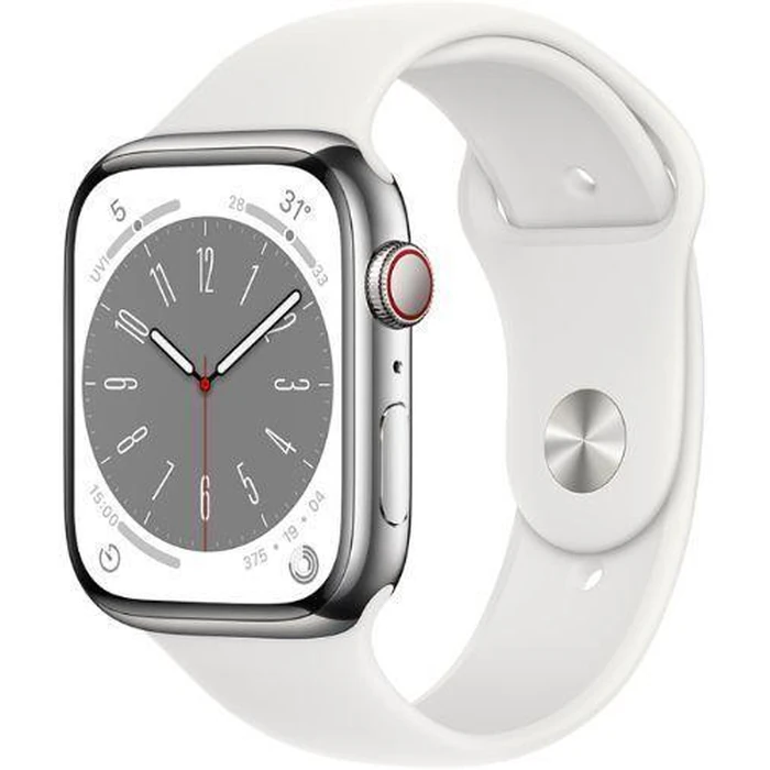 Apple Watch Series 8 (Cellular + GPS) - 32GB - 45mm - Silver Stainless Steel Case with White Rubber Sport Band by Apple - Image 2