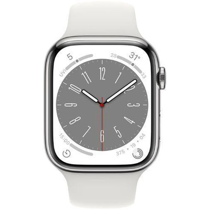Apple Watch Series 8 (Cellular + GPS) - 32GB - 45mm - Silver Stainless Steel Case with White Rubber Sport Band by Apple - Refurbished - Excellent condition
