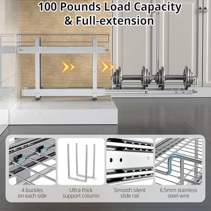 ZOINLIY Pull Out Cabinet Organizer, Versatile Slide Out Kitchen Organizers and Storage,Heavy Duty Drawer Cupboard Storage Basket, Smooth Sliding, Chrome Finish (2-Tiers-11¼''Wx22“D) by ZOINLIY - Image 3