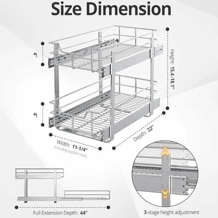 ZOINLIY Pull Out Cabinet Organizer, Versatile Slide Out Kitchen Organizers and Storage,Heavy Duty Drawer Cupboard Storage Basket, Smooth Sliding, Chrome Finish (2-Tiers-11¼''Wx22“D) by ZOINLIY - Image 4