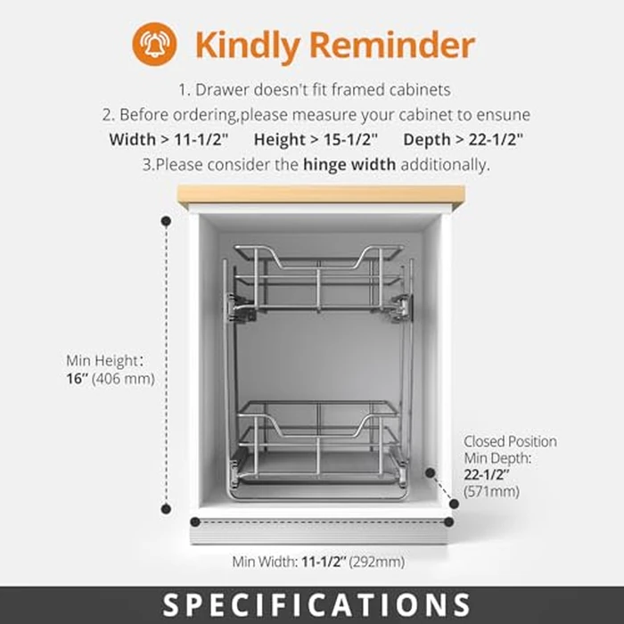 ZOINLIY Pull Out Cabinet Organizer, Versatile Slide Out Kitchen Organizers and Storage,Heavy Duty Drawer Cupboard Storage Basket, Smooth Sliding, Chrome Finish (2-Tiers-11¼''Wx22“D) by ZOINLIY - Image 5