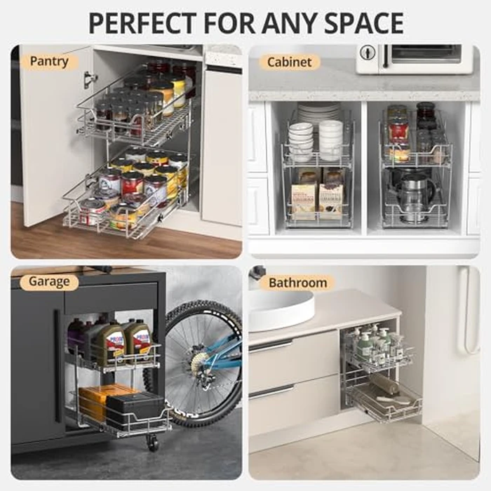 ZOINLIY Pull Out Cabinet Organizer, Versatile Slide Out Kitchen Organizers and Storage,Heavy Duty Drawer Cupboard Storage Basket, Smooth Sliding, Chrome Finish (2-Tiers-11¼''Wx22“D) by ZOINLIY - Image 6