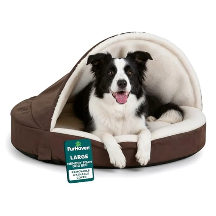 Furhaven 35" Round Memory Foam Dog Bed for Large/Medium Dogs w/Removable Washable Cover, for Dogs Up to 50 lbs - Sherpa & Suede Snuggery - Espresso, 35-inch by Furhaven - Image 1