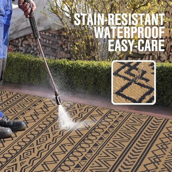 OLANLY Waterproof Outdoor Rug 4x6 ft, Reversible Plastic Patio Rug Outdoor Carpet, Geometric Pattern Large Outdoor Area Rug Deck Rugs for RV, Patio, Backyard, Picnic, Beach & Camping, Black and Brown by OLANLY - Image 2