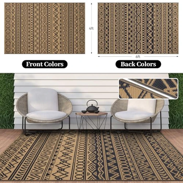 OLANLY Waterproof Outdoor Rug 4x6 ft, Reversible Plastic Patio Rug Outdoor Carpet, Geometric Pattern Large Outdoor Area Rug Deck Rugs for RV, Patio, Backyard, Picnic, Beach & Camping, Black and Brown by OLANLY - Image 3