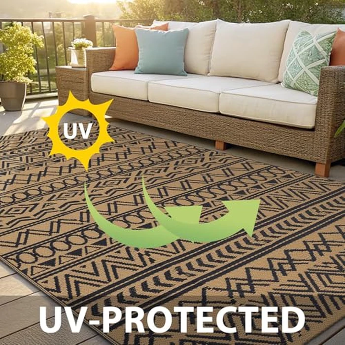 OLANLY Waterproof Outdoor Rug 4x6 ft, Reversible Plastic Patio Rug Outdoor Carpet, Geometric Pattern Large Outdoor Area Rug Deck Rugs for RV, Patio, Backyard, Picnic, Beach & Camping, Black and Brown by OLANLY - Image 4