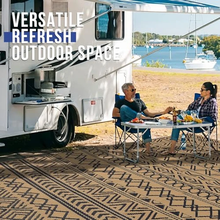 OLANLY Waterproof Outdoor Rug 4x6 ft, Reversible Plastic Patio Rug Outdoor Carpet, Geometric Pattern Large Outdoor Area Rug Deck Rugs for RV, Patio, Backyard, Picnic, Beach & Camping, Black and Brown by OLANLY - Image 7