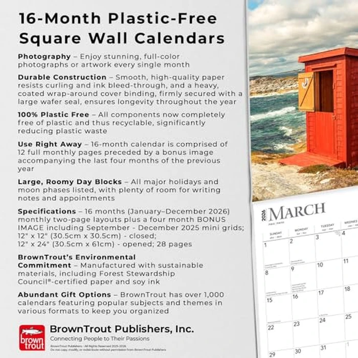 Outhouses | 2026 12 x 24 Inch (Hanging) Monthly Square Wall Calendar | Plastic-Free | BrownTrout | Toilette Latrine Bog Humor by BrownTrout - Image 3
