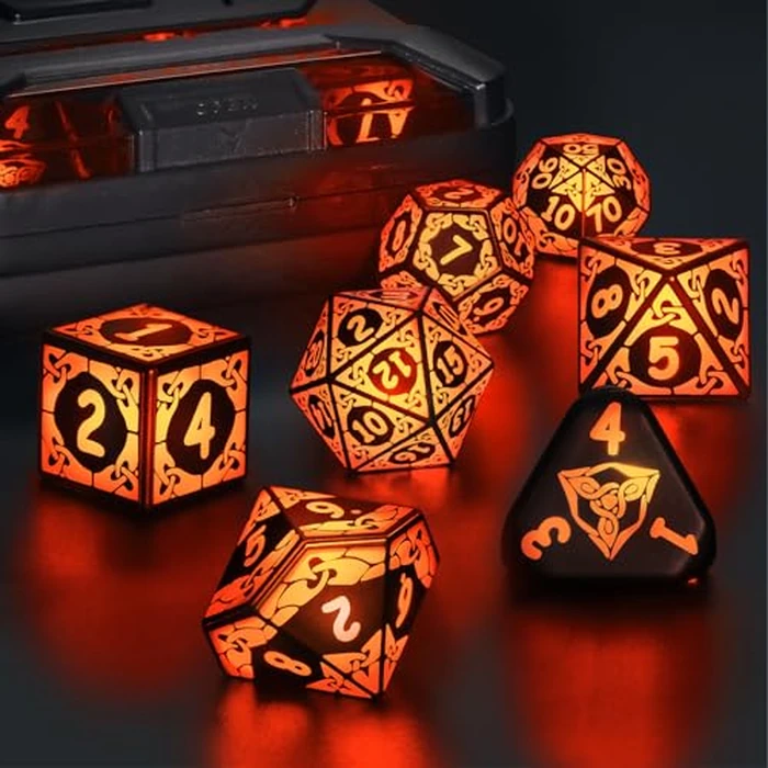LED Dice Set DND, Cool Light up Dice Set Rechargeable for Dungeons and Dragons, ZHOORQI Polyhedral D and D Dice with Charging Box for Role Playing Game Gifts (Orange-Shackles) by ZHOORQI - Used - Like New condition - US$32.42