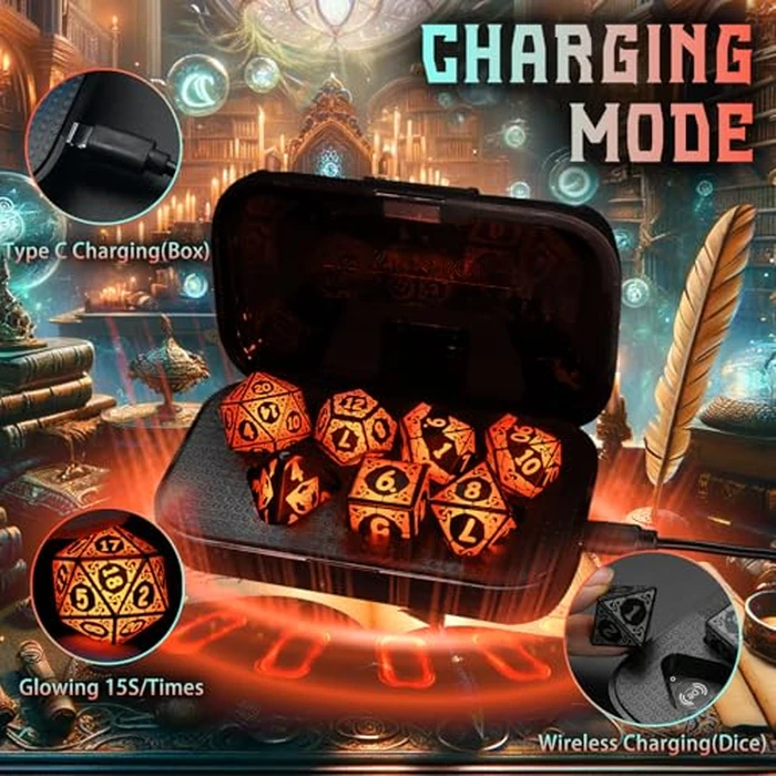LED Dice Set DND, Cool Light up Dice Set Rechargeable for Dungeons and Dragons, ZHOORQI Polyhedral D and D Dice with Charging Box for Role Playing Game Gifts (Orange-Shackles) by ZHOORQI - Image 3