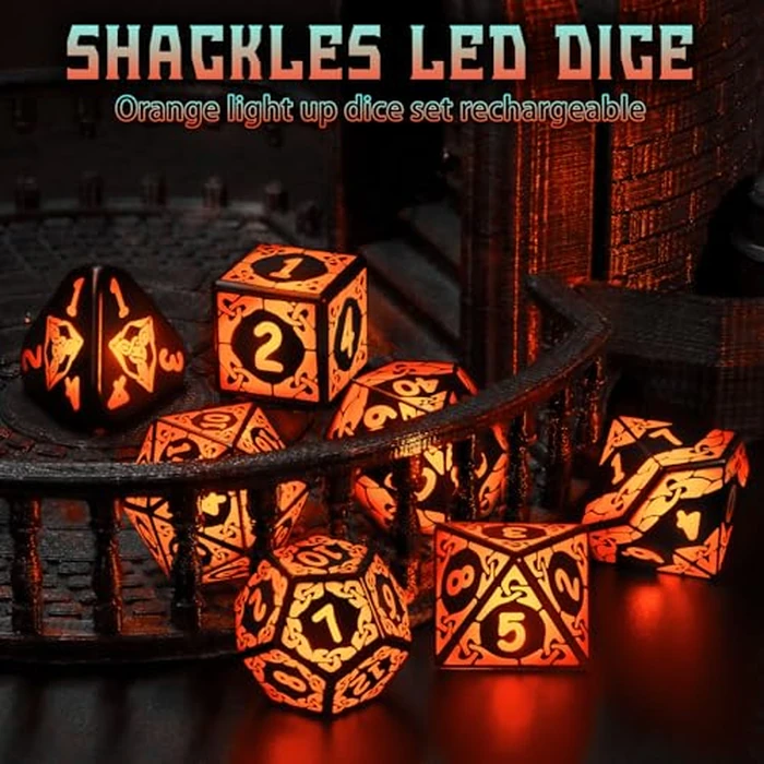 LED Dice Set DND, Cool Light up Dice Set Rechargeable for Dungeons and Dragons, ZHOORQI Polyhedral D and D Dice with Charging Box for Role Playing Game Gifts (Orange-Shackles) by ZHOORQI - Image 4