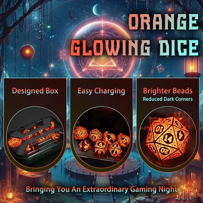 LED Dice Set DND, Cool Light up Dice Set Rechargeable for Dungeons and Dragons, ZHOORQI Polyhedral D and D Dice with Charging Box for Role Playing Game Gifts (Orange-Shackles) by ZHOORQI - Image 5