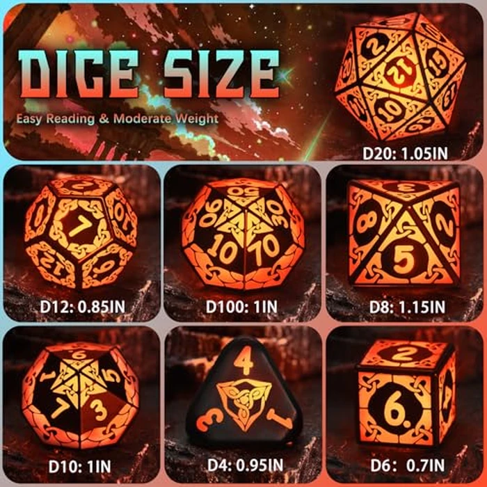 LED Dice Set DND, Cool Light up Dice Set Rechargeable for Dungeons and Dragons, ZHOORQI Polyhedral D and D Dice with Charging Box for Role Playing Game Gifts (Orange-Shackles) by ZHOORQI - Image 6