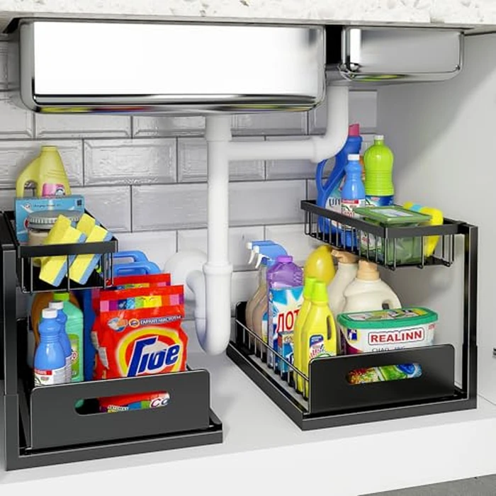 REALINN Under Sink Organizer, L-Shaped 2 Tier Pull Out Cabinet Organizer for Kitchen and Bathroom, Slide Out Under Cabinet Storage, Metal Under Sink Storage with Sliding Drawer, 50 lbs, Black 2 Pack by REALINN - Image 1