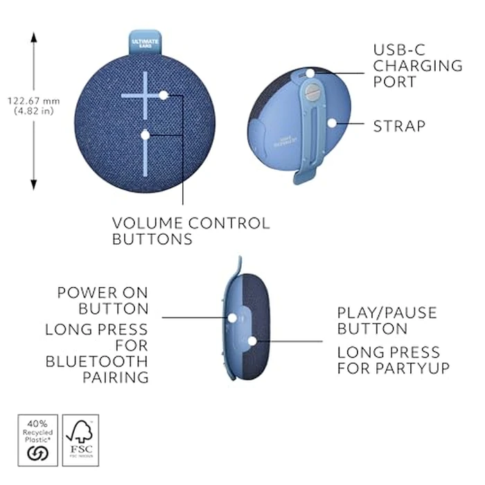 ULTIMATE EARS MINIROLL Ultra-Portable Waterproof Bluetooth Speaker, Big Bass, IP67 Dustproof, 131 ft (40 m) Range - Majestic Blue by Ultimate Ears - Image 7