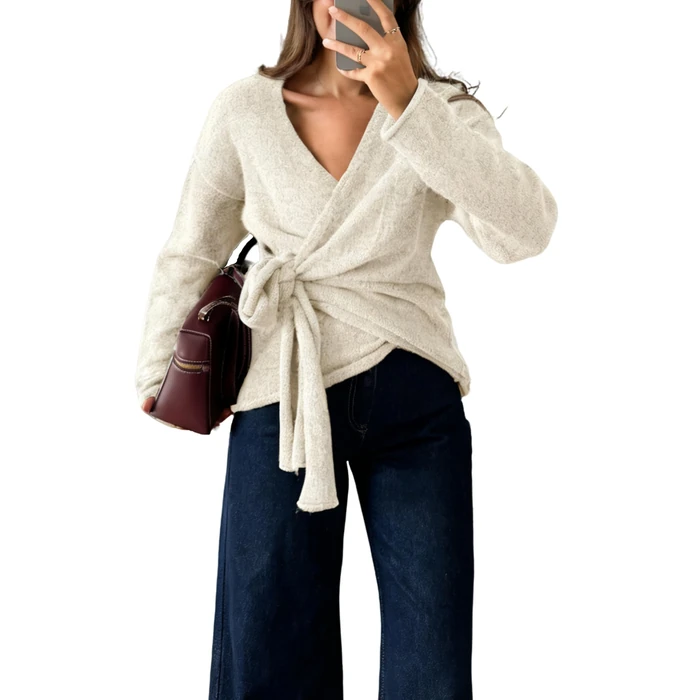 Watashi Women Casual V Neck Wrap Sweater Long Sleeve Cozy Self Tie Belted Knit Sweaters Fall Winter Outfits Cardigan(Apricot-S) by Watashi - Image 1