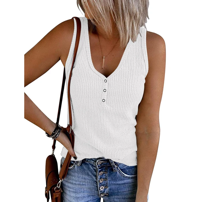 MEROKEETY Women's 2026 Summer Sleeveless Tank Tops V Neck Ribbed Dressy Casual Henley Shirts Button Loose Cami Tees, White, L by MEROKEETY - Used - Like New condition