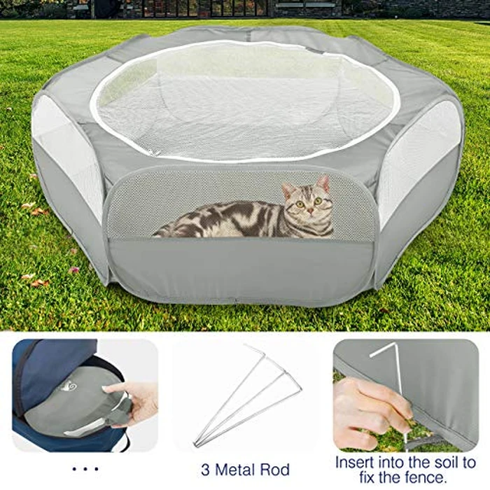 Pawaboo Small Animals Playpen, Waterproof Small Pet Cage Tent with Zippered Cover, Portable Outdoor Yard Fence with 3 Metal Rod for Chick/Kitten/Puppy/Guinea Pig/Rabbits/Hamster/Chinchillas,Light Gray by Pawaboo - Image 5