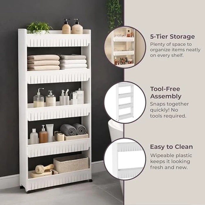 Slim Rolling Storage Cart - 5-Tier Utility Cart with Wheels for Bathroom, Kitchen, and Laundry Room - Bathroom Shelves by Lavish Home (White) by Lavish Home - Image 4
