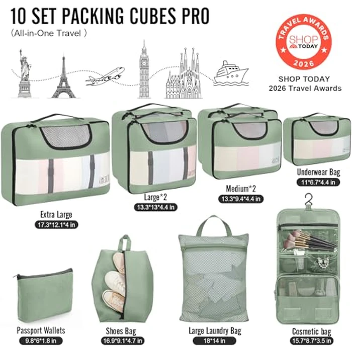 Veken 10 Set Packing Cubes for Travel Essentials, Suitcase Organizer Bags in 4 Sizes, Carry-On Luggage Accessories with Large Laundry Bag & Passport Holder, Must-Have for Airplane, Road Trip & Camping by Veken - Used - Very Good condition - US$28.21