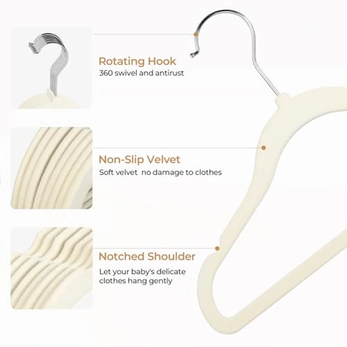 GoodtoU Kids Velvet Hangers, 50 Pack, 11.8 in Non-Slip Baby & Toddler Clothes Hangers, Baby Felt Hangers with Notches & 360 degrees Swivel Hooks for Space-Saving, Beige by GoodtoU - Image 3