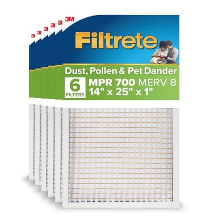Filtrete 14x25x1 AC Furnace Air Filter, MPR 700, MERV 8, Tough on Pollen, Easy on Airflow, 3-Month Pleated 1-Inch Electrostatic Air Cleaning Filter, 6-Pack (Actual Size 13.81 x 24.81 x 0.81 in) by Filtrete - Image 1