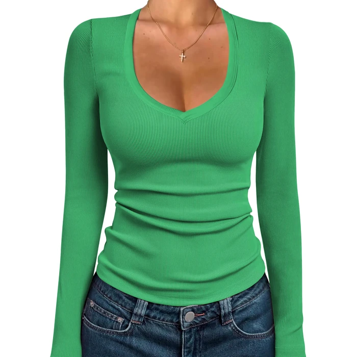 iGENJUN Women Long Sleeve V Neck Shirts for Women Business Casual Work Top Knit Slim Fit for Fall,Green, S by iGENJUN - Image 2
