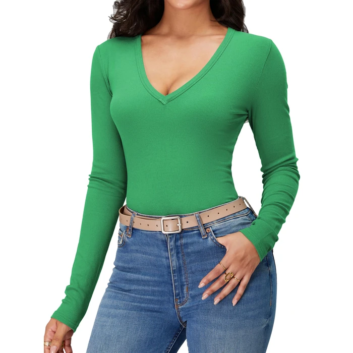 iGENJUN Women Long Sleeve V Neck Shirts for Women Business Casual Work Top Knit Slim Fit for Fall,Green, S by iGENJUN - Image 6