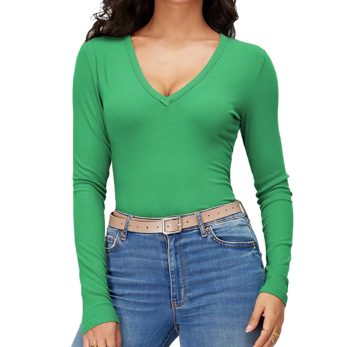 iGENJUN Women Long Sleeve V Neck Shirts for Women Business Casual Work Top Knit Slim Fit for Fall,Green, S by iGENJUN - Image 7