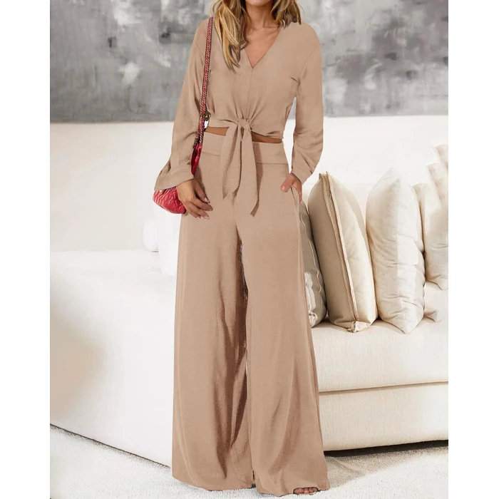 PRETTYGARDEN Women's 2 Piece Outfits 2025 Fall Fashion V Neck Long Sleeve Strappy Crop Top Wide Leg Pant Lounge Sets(Khaki,Medium) by PRETTYGARDEN - Used - Like New condition - US$29.63