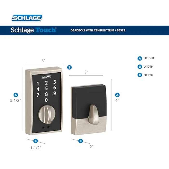 Schlage Touch Century Electronic Deadbolt Lock with Touchscreen Keypad, Keyless Front Door Entry, Matte Black, BE375 CEN 622 by SCHLAGE - Image 3