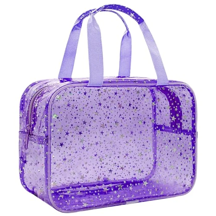 Junesters Clear Purple Star Large Makeup Bag with Star Pattern 12x5x8 inch, Travel Cosmetic Bag with Handle, Durable PVC Material Washbag Zipper Opening Design for Makeup Travel Organizer or Gym Use by Junesters - Used - Very Good condition