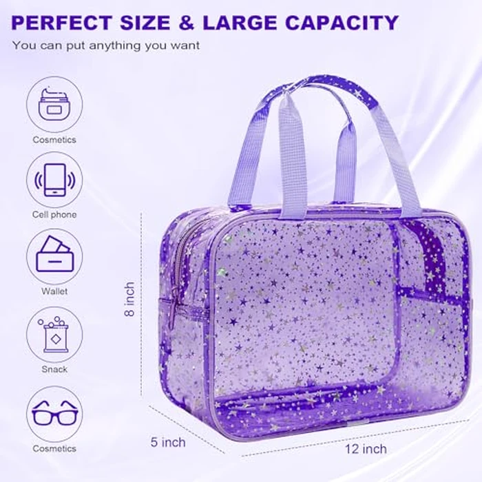 Junesters Clear Purple Star Large Makeup Bag with Star Pattern 12x5x8 inch, Travel Cosmetic Bag with Handle, Durable PVC Material Washbag Zipper Opening Design for Makeup Travel Organizer or Gym Use by Junesters - Image 2