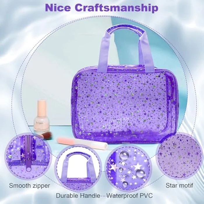 Junesters Clear Purple Star Large Makeup Bag with Star Pattern 12x5x8 inch, Travel Cosmetic Bag with Handle, Durable PVC Material Washbag Zipper Opening Design for Makeup Travel Organizer or Gym Use by Junesters - Image 3