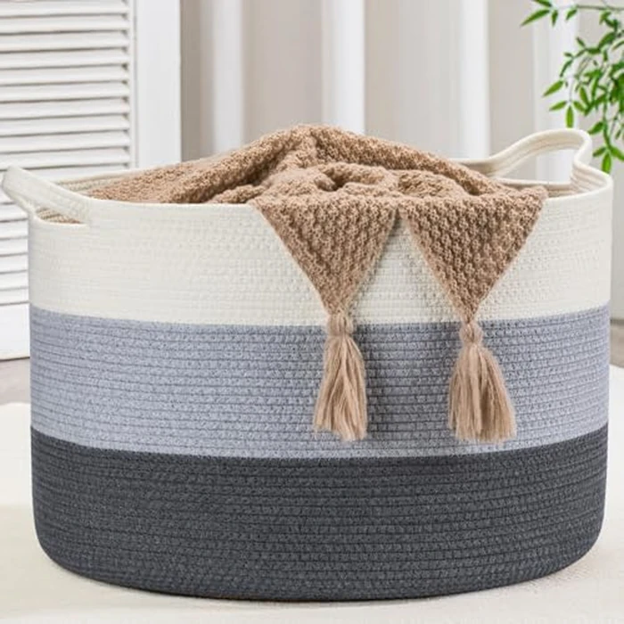 Gosipeya XXXLarge Woven Cotton Rope Basket (21.7" x 13.8") 90L - Blanket Basket for Living Room, Laundry Hamper, Baby Laundry Hamper, Toy Storage, Pillows & Cushions Organizer (Whtie & Blue) by Gosipeya - Used - Like New condition - CA$22.96