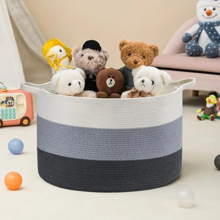 Gosipeya XXXLarge Woven Cotton Rope Basket (21.7" x 13.8") 90L - Blanket Basket for Living Room, Laundry Hamper, Baby Laundry Hamper, Toy Storage, Pillows & Cushions Organizer (Whtie & Blue) by Gosipeya - Image 4