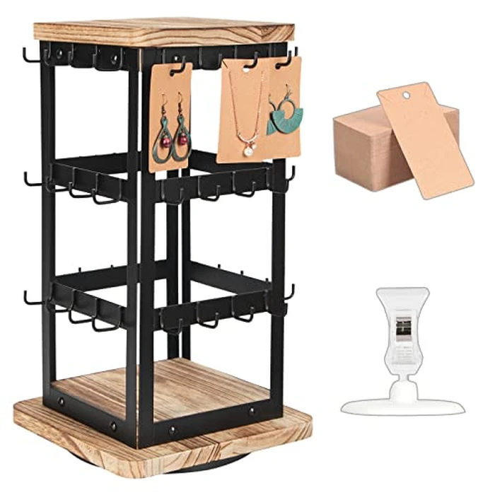 Jewelry Display for Vendors Rotating Earring Tower Holder Organizer, Jewelry Display Rack, Vintage Farmhouse Style Stand for Necklaces, Piercings with 48 Hooks and Wood Tray Black Metal Shelf -MK1073A by J JACKCUBE DESIGN - Used - Like New condition - US$15.35