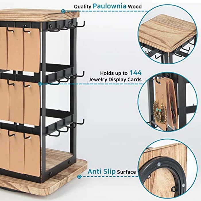 Jewelry Display for Vendors Rotating Earring Tower Holder Organizer, Jewelry Display Rack, Vintage Farmhouse Style Stand for Necklaces, Piercings with 48 Hooks and Wood Tray Black Metal Shelf -MK1073A by J JACKCUBE DESIGN - Image 2