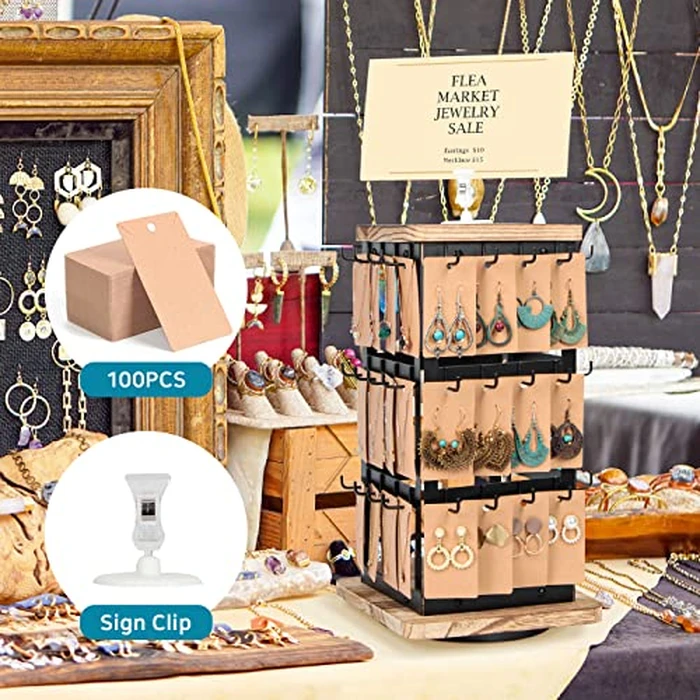 Jewelry Display for Vendors Rotating Earring Tower Holder Organizer, Jewelry Display Rack, Vintage Farmhouse Style Stand for Necklaces, Piercings with 48 Hooks and Wood Tray Black Metal Shelf -MK1073A by J JACKCUBE DESIGN - Image 3