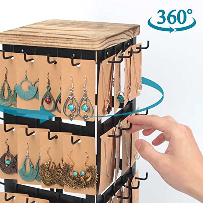 Jewelry Display for Vendors Rotating Earring Tower Holder Organizer, Jewelry Display Rack, Vintage Farmhouse Style Stand for Necklaces, Piercings with 48 Hooks and Wood Tray Black Metal Shelf -MK1073A by J JACKCUBE DESIGN - Image 4
