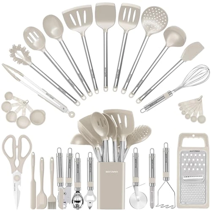 Kitchen Utensil Set-Silicone Cooking Utensils-33 Kitchen Gadgets & Spoons for Nonstick Cookware-Silicone and Stainless Steel Spatula Set-Best Kitchen Tools, Useful Pots (Khaki) by BESTZMWK - Image 1