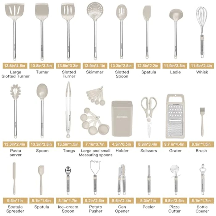 Kitchen Utensil Set-Silicone Cooking Utensils-33 Kitchen Gadgets & Spoons for Nonstick Cookware-Silicone and Stainless Steel Spatula Set-Best Kitchen Tools, Useful Pots (Khaki) by BESTZMWK - Image 2