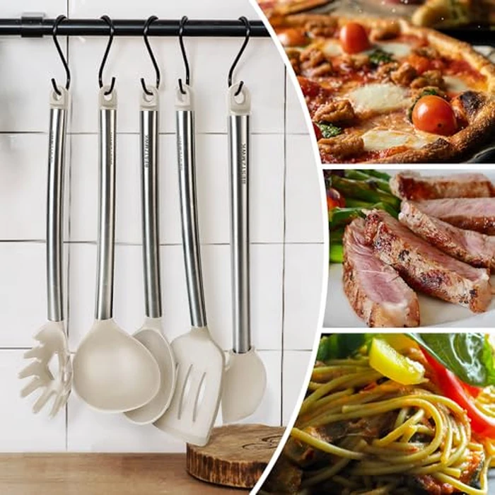 Kitchen Utensil Set-Silicone Cooking Utensils-33 Kitchen Gadgets & Spoons for Nonstick Cookware-Silicone and Stainless Steel Spatula Set-Best Kitchen Tools, Useful Pots (Khaki) by BESTZMWK - Image 4