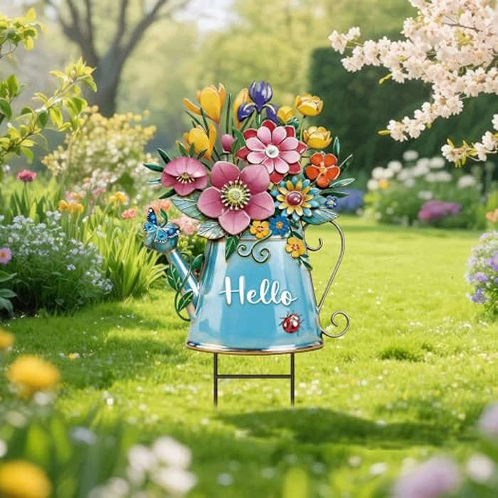 RattanView Spring Yard Sign Outdoor Yard Decoration with Stakes Waterproof Flower Metal Garden Lawn Stake Sign Decoration for Patio Lawn Walkway Courtyard Party Decor by RattanView - Used - Very Good condition