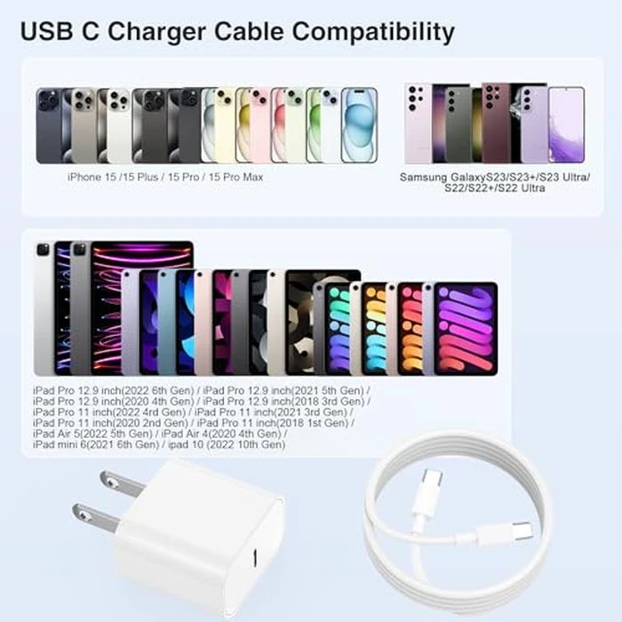 iPhone 17 16 15 Charger Block and 10ft Type C to C Cable Cord Long, 20W USB C Fast Charging Plug for Apple iPhone 17 Pro Max/17 Air/16 Pro Max/16 Plus/15 Pro/15/AirPods/iPad/Mini Wall Cube Brick Box by COONCXEN - Image 7