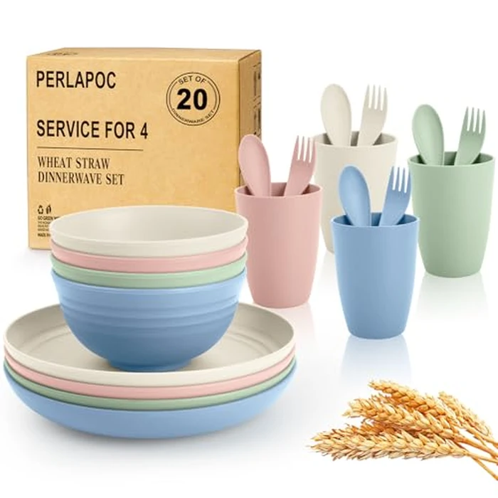 Perlapoc Wheat Straw Dinnerware Sets 20 PCS Service for 4, Unbreakable Kitchen Plates and Bowls Sets, Microwave Dishwasher Safe Dish Set, Outdoor Camping, RV, Apartment Essentials - Colorful by Perlapoc - Used - Very Good condition