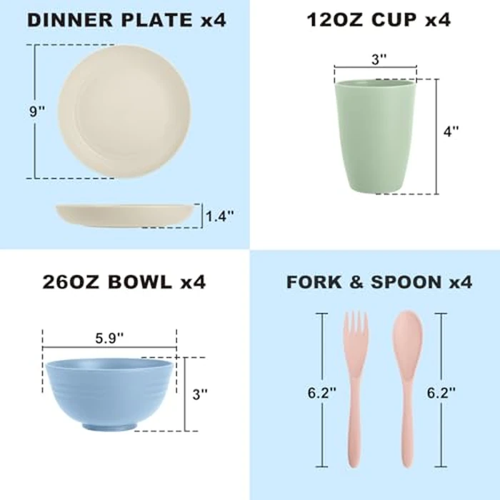 Perlapoc Wheat Straw Dinnerware Sets 20 PCS Service for 4, Unbreakable Kitchen Plates and Bowls Sets, Microwave Dishwasher Safe Dish Set, Outdoor Camping, RV, Apartment Essentials - Colorful by Perlapoc - Image 2